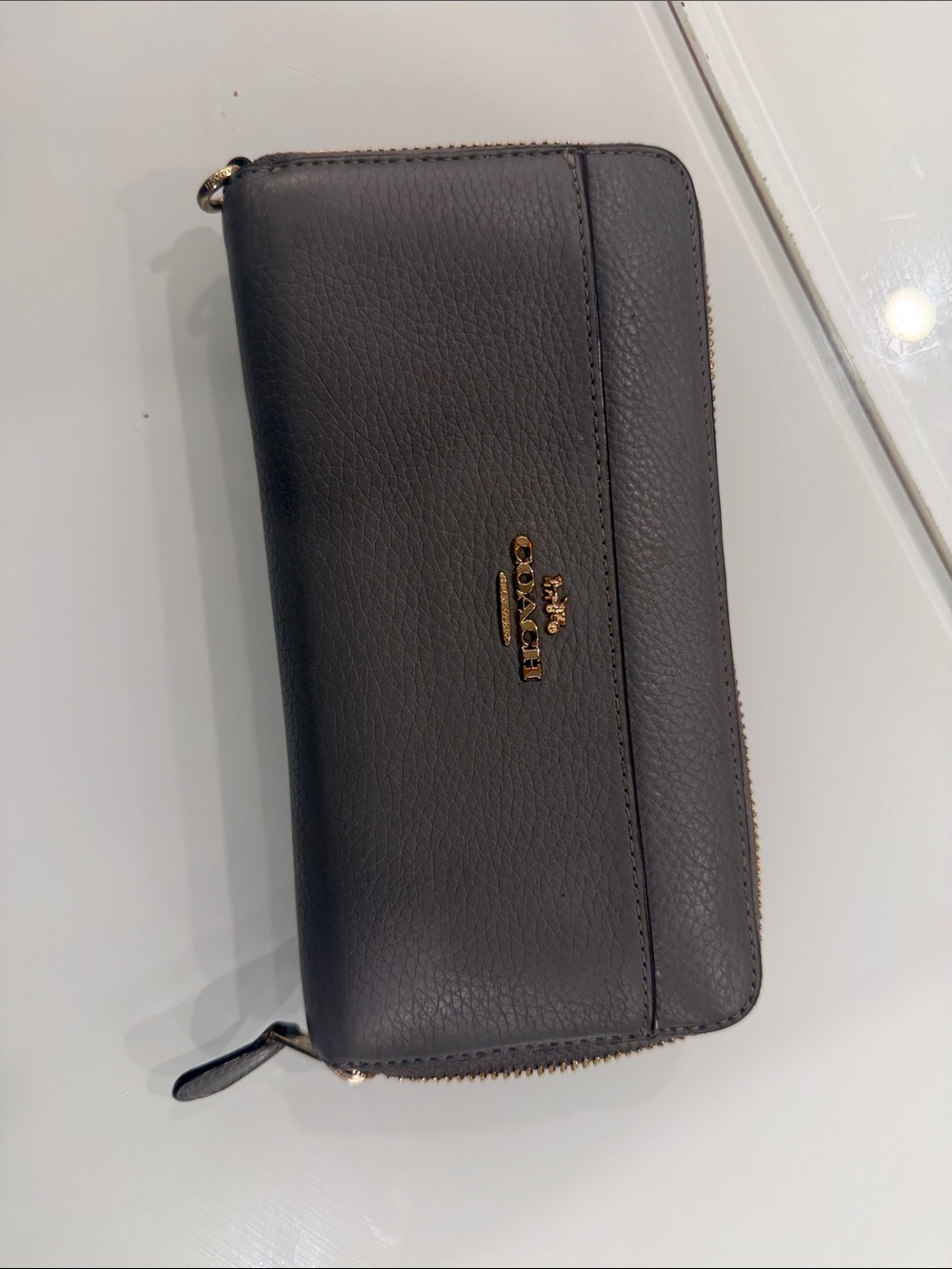 Coach Charcoal Pebbled Leather Zip-Around Wristlet Wallet with Gold Logo